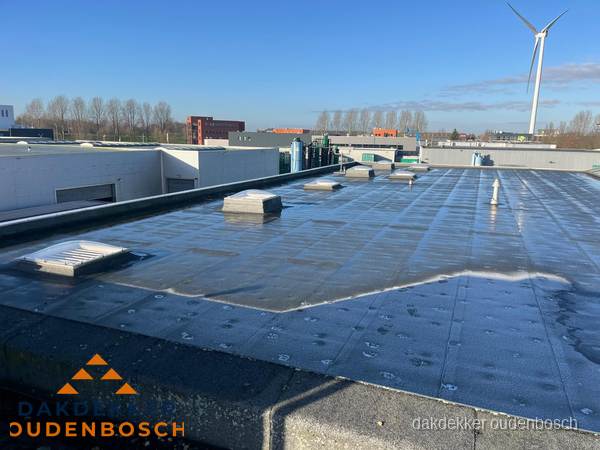 Plat dak bedrijfspand met bitumen dakbedekking en lichtkoepels in Oudenbosch Plat dak bedrijfspand met bitumen dakbedekking en lichtkoepels in Oudenbosch